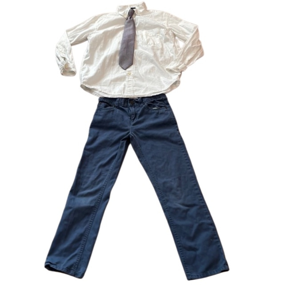 Gap shirt Button down white long sleeve Boys size 8 M Black pants & tie red blue